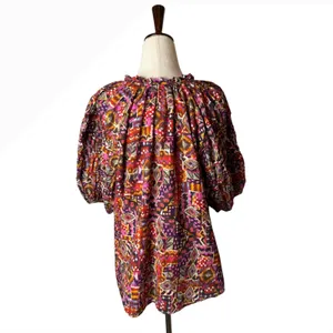 XIRENA Lucia Popover Blouse Womens Small Kaleidoscope‎ Puff Sleeve Boho Cottage thumbnail 3