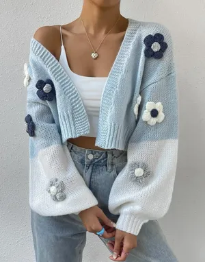 Floral cardigan sweater knit blue white cropped top long sleeve womens NWT NEW thumbnail 1