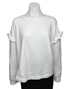 Ann Taylor LOFT White Ruffle Long Sleeve Oversized Crew Neck Pullover Sweatshirt Top Size L thumbnail 1