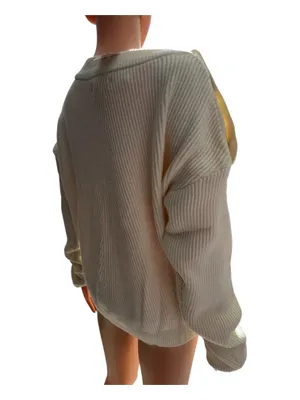 Women’s Cream Ribbed Knit Sweater Button Shoulder Detail Long Sleeve thumbnail 5