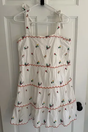 Sézane White Embroidered Floral Cotton Tie Shoulder‎ Tiered Mini Dress EU 38 M thumbnail 1