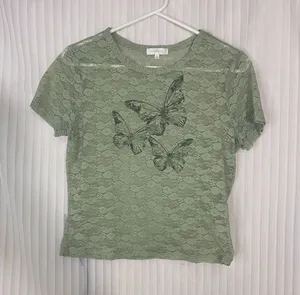 Ultra Flirt Lace Top Womens XL Green Sheer Floral Butterfly Graphic Short Sleeve thumbnail 1