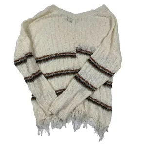 Daytrip Boho Fringe Sweater Cream Striped Distressed‎ Hem Knit Top M/L thumbnail 4