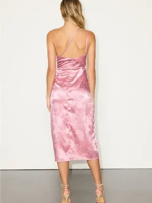 Lulu's One-Shoulder Satin Jacquard Midi Dress in Dusty Rose thumbnail 3