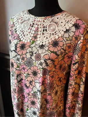 Alison Andrews Floral Long-Sleeve Shift Dress with Lace Collar in Pink and Cream large NWT thumbnail 2