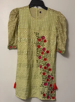 Embroidered Floral Dress with Puff Sleeves thumbnail 1