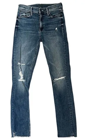 Mother the Mid Rise Dazzler Ankle Fray Jeans distressed medium wash cropped 26 thumbnail 1