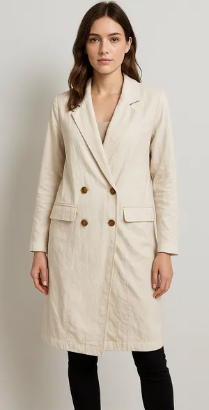 PRIMA Cream Double Breasted Long‎ Sleeve Midi Trench Coat Blazer XS Linen thumbnail 1