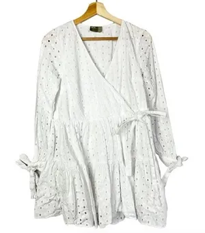 ASOS‎ White Tiered Eyelet Lace Long Sleeve Wrap Trapeze Mini Dress 2 thumbnail 1