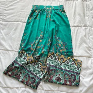 Rachel Zoe Womens XS Green Paisley Floral Satin‎ Wide Leg Boho Relaxed Pants thumbnail 7