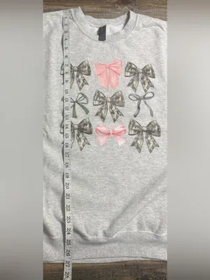 Gildan Heather Gray Crewneck Sweatshirt with Pink, Green and Camo Bows thumbnail 7