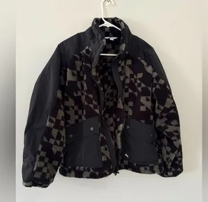 Joy Lab Oversized Checkered Loose Fit Fleece Cropped Jacket Black Green Size M L thumbnail 1