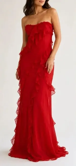 Oh Polly Red Ruffle Maxi Dress Size 2 Strapless Formal Gown thumbnail 1