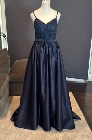 Women’s Blue Full Length Satin Lace Appliqué Party Prom Formal Dress Size 2 NWOT thumbnail 1