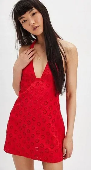 Free People Embroidered Halter 100% Cotton Red Trevi Eyelet Mini Dress Sz L NWT thumbnail 1