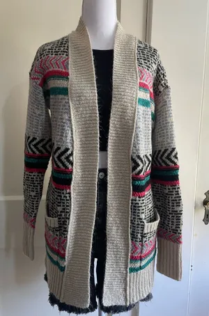 Mossimo Supply Co. Cream Open-Front Cardigan with Pink, Teal & Black Accents thumbnail 1
