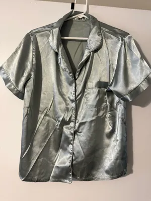 Mint Green Blue Satin Button-up Pajama Set Shorts Shortsleeve Women Large thumbnail 1