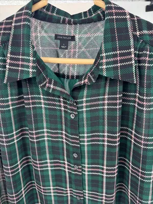 Ann Taylor sheer button front plaid puff sleeve top L professional office casual thumbnail 7