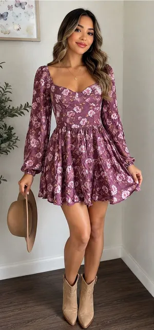 Altar’d State Floral Long Sleeve Mini Dress Mauve Size M thumbnail 1