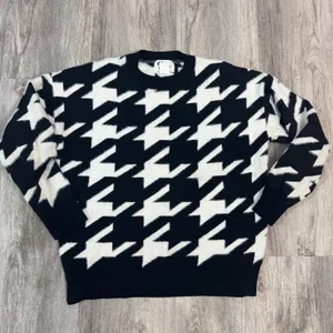 Andrea Jovine Womens Black White Houndstooth Fuzzy Crewneck Sweater Size Medium thumbnail 2