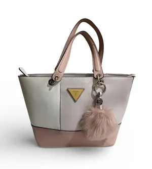 Guess Blush & Cream Colorblock Tote Bag Gold Logo Charm Pom Pom Large thumbnail 1