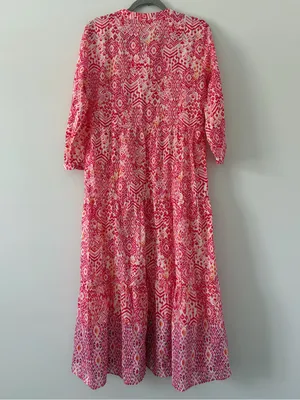 Zara Pink Red Ikat Geometric Print 3/4 Sleeve Tiered Skirt Boho Maxi Dress NWOT thumbnail 5