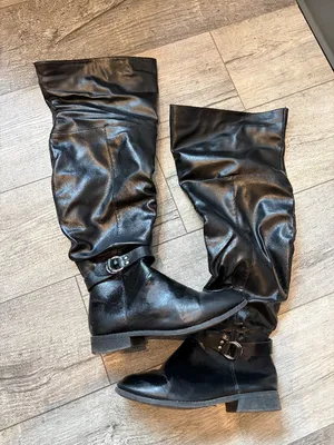 Womens Black Leather 7W Over the Knee Boots thumbnail 1