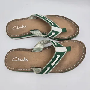 Clarks Sandals Womens 5 M Flo Cherrymore Slip On Thong Flip Flops Green White thumbnail 4