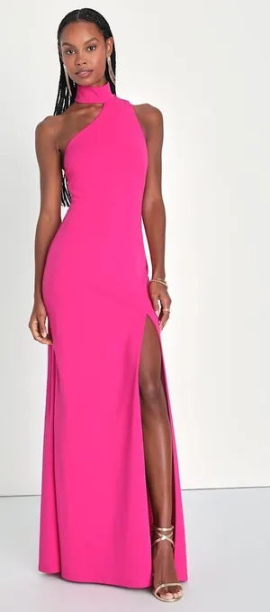 NWT Lulus Keep It Interesting Hot Pink Asymmetrical Halter Maxi Dress Holiday L thumbnail 1