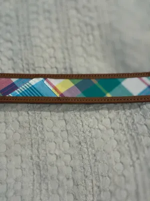 Talbots Women's Brown Leather Trim Madras Plaid Belt Size XL Gold Buckle thumbnail 5