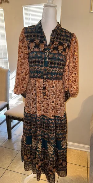 Gorgeous aureum small medium fall jewel tone print button maxi dress thumbnail 1