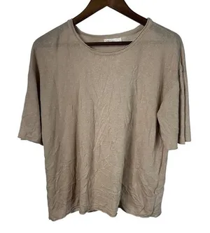By Together Women Small Linen Blend Short‎ Sleeve Knit Top Tan Brown L4908 thumbnail 1