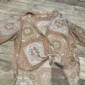 Women’s 3/4 Sleeves V-Neck Bohemian Patchwork‎ Blouse Ties on Bottom Button Up thumbnail 2