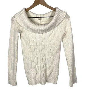 Free People‎ Cowl Neck Sweater Sz S Chunky Cable Knit Boho Cream Stretch Y2K thumbnail 1