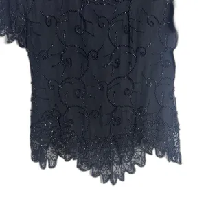 Laurence Kazar Beaded Silk Blouse Womens Small Black Short Sleeve Evening Top thumbnail 3