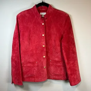 David Brooks Suede Jacket Red Snap Front Pockets Moto Minimalist Sz Large Petite thumbnail 1