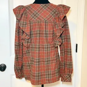 Entro Rust Plaid Wool Blend Ruffle Shoulder Top Large Boho Fall Contemporary thumbnail 4