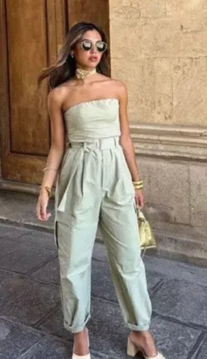 ZARA jumpsuit technical fabric cargo sleeveless wide streight leg light khaki thumbnail 2