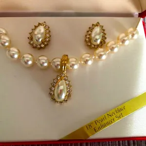 Costume jewelry- 18” Pearl necklace and earrings with rhinestones. thumbnail 1