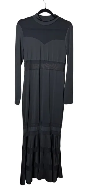 Womens Maxi Dress Size Large Black Mesh Panel‎ Long Sleeve Mermaid Goth Glam thumbnail 1