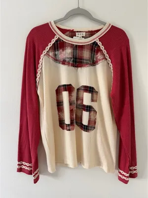 NWT POL Varsity Waffle Knit Raspberry # Thermal Plaid Patchwork size medium thumbnail 3