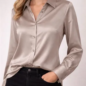 Maison d’Amélie Paris Taupe Satin Button Front Blouse women’s Size M(A204)&✨ thumbnail 3