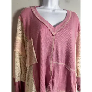 POL Womens‎ Pink Patchwork Waffle Knit Crochet Lace V-Neck Oversized Top Medium thumbnail 3
