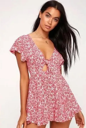 Lulus Romper Womens XL Red Tropical Leaf Tie Front Cutout RE90452HL Summer Mini thumbnail 1