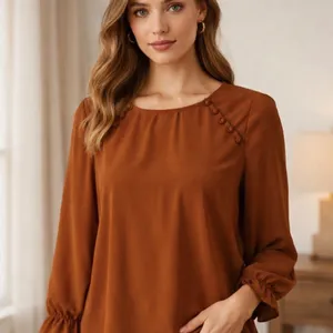 Women's Brown Blouse with Button Accents Large thumbnail 1