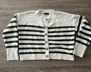 Lulus Knit Cardigan Womens Medium Ivory Olive Striped Fuzzy Wool Blend Cropped thumbnail 1