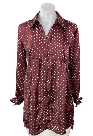 Zara Maroon Long Sleeves Silk Satin Polka Dots Tunic Blouse Shirt Dress Size M thumbnail 1