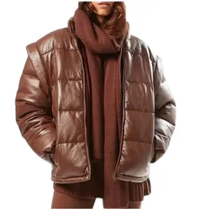 NWT We Wore What Snap-Off Sleeve Faux Leather Puffer Jacket Chocolate Brown XS thumbnail 4