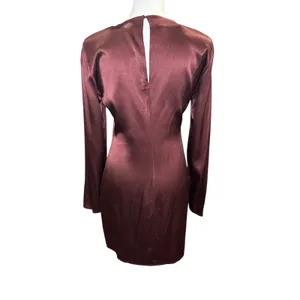 Zara Brown Satin Mini Dress Size M‎ Long Sleeve Keyhole Back Chocolate Burgundy thumbnail 6