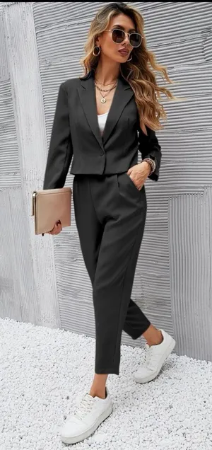 Solid Single Button Crop Blazer And Slant Pocket Tailored Pants (XL 12) thumbnail 1